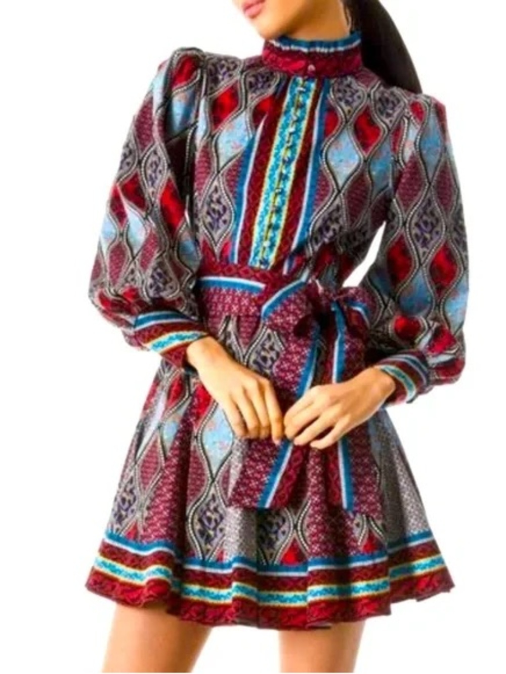 Alice + Olivia Printed Long-Sleeve Mini Dress in Red and Blue